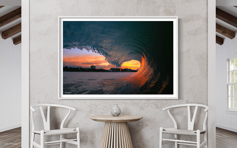 White Framed Ocean Print - Sunset surf art - Ocean Artwork - Surfing Prints - Mooloolaba Beach Wall Art - Mooloolaba Beach Picture - Australian framed prints - custom framed prints