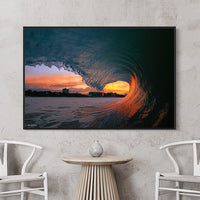 Floating frame canvas print in black - Interior Design - Cheap Prints online - Beach Photography print - Beachy wall art - Modern Artwork - Modern Wall Art - Mooloolaba Beach Framed Print - Sunshine Coast Wall Art - Australian Wall Art - Orange wall art - surfing prints Australia