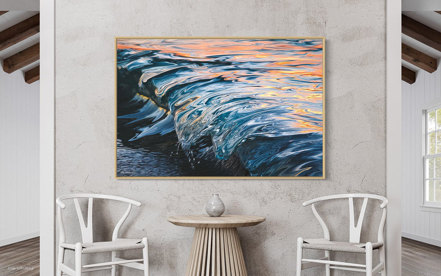 Oak Frame - Framed Canvas Prints - Canvas Framing Online - Canvas Prints Online - Original Artwork - Limited Edition Canvas Print - Oil Painting Wall Art - Blue and Orange colours - Mooloolaba Beach Shot - Sunset over water print - Water and Light