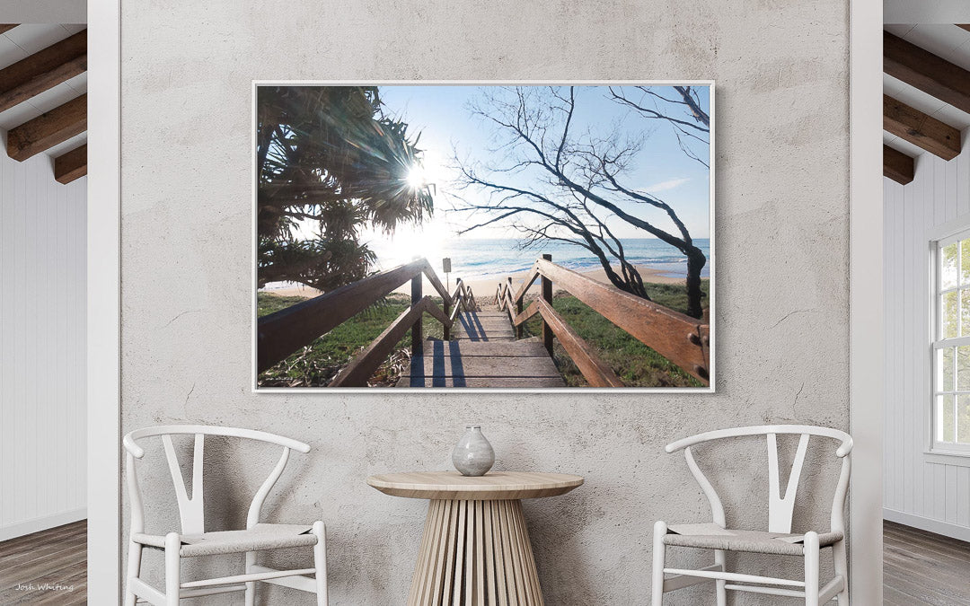 Beach Exit - Stair Beach Print - White Framed Art - Tropical Beach Art - Coastal Decor - Sunshine Coast Decor - Sunshine Coast Framing - Australian Printing and Framing - Josh Whiting Photos - Sunshine Coast photographer
