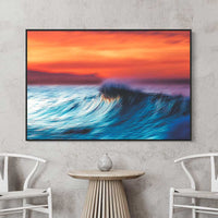 Wave abstract art - Coastal living room decor - Beach house wall prints - Seaside sunset canvas - Water motion wall art - Serene beach scenes - Sunset horizon artwork - Ocean wave silhouette prints - Tranquil coastal ambiance - Dramatic sunset ocean waves.