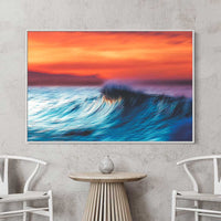 Sunset wave wall art - Slow shutter ocean photography - Coastal sunset canvas prints - Beach wall decor - Seascape artwork - Nautical theme prints - Oceanic landscape photography - Surfing wall art - Tropical beach scenes - Wave motion art - Coastal decor inspiration - Sunset beach photography - Long exposure ocean waves