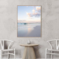 Soft pastel sunrise beach photography - Sunshine Coast Australia - oak floating frame canvas print - large format portrait coastal wall art - calming wall art - fine art photography print - Josh Whiting Photos