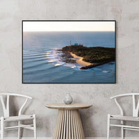 Carties Sunshine Coast aerial photography print - Point Cartwright headland dawn light - black floating frame canvas - oversized coastal wall art - Queensland landscape photography - wholesale artwork for interior designers - Josh Whiting Photos
