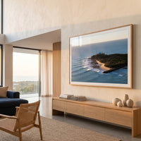 Point Cartwright aerial photography print in oak frame - Sunshine Coast coastal living room - large format landscape wall art - Queensland coastal photography - interior designer wall art - beach house decor - Josh Whiting Photos