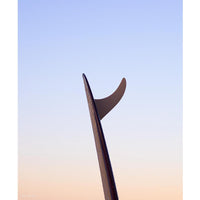 Single fin mal surfboard at sunrise - pastel blue peach gradient sky - minimalist surf photography - fine art portrait coastal print - Sunshine Coast Australia - photography sunshine coast - Josh Whiting Photos