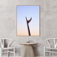 Single fin surfboard sunrise photography - oak floating frame canvas print - portrait surf wall art - minimalist Australian coastal photography - Japandi surf art - gallery wall - Josh Whiting Photos