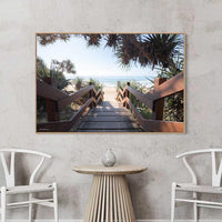 Sunshine Coast Photography - Sunshine Coast beach entrance photography - timber boardwalk pandanus trees - oak floating frame canvas print - extra large coastal wall art - beach decor - Australian photography art - Josh Whiting Photos