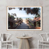 Beach entrance staircase Sunshine Coast - pandanus trees timber boardwalk - oak framed print - extra large coastal wall art - beach walkway photography - Australian photography print - Josh Whiting Photos