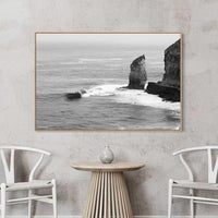 Solitary Southern Ocean sea stack - monochrome coastal photography - oak floating frame canvas print - extra large wall art Australia - wholesale artwork interior designers - beach decor - Josh Whiting Photos