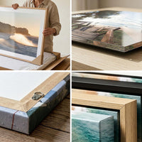 Wall art print quality and framing detail, canvas, acrylic and framed corner close ups