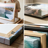 Wall art print quality and framing detail, canvas, acrylic and framed corner close ups
