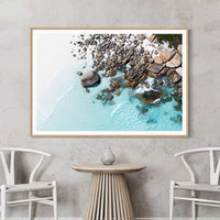 Oak framed coastal wall art print, clear blue water and sand dune photography from Duke of Orleans Bay