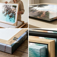 Wall art print quality and framing detail — canvas, acrylic and framed corner close-ups