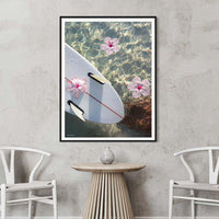 Contemporary surf lifestyle wall art — black framed print - extra large wall art - portrait coastal wall art - hibisucs flower surf art - coastal flower wall art - coastal hibiscus surf prints
