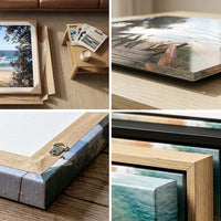 Wall art print quality and packaging detail — canvas, acrylic and framed corner close-ups