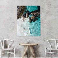 Acrylic beach photography print, glossy coastal wall art of turquoise water and granite boulders at Little Hellfire Bay, WA