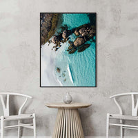 Black floating frame canvas, bold Western Australia beach wall art of the granite headland at Little Hellfire Bay