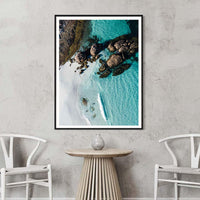 Black framed beach print, high-contrast Western Australia wall art of granite boulders and turquoise water at Little Hellfire Bay