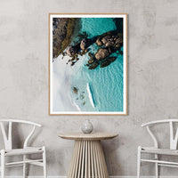 Oak framed coastal wall art print, granite headland and turquoise water photography from Little Hellfire Bay, Esperance