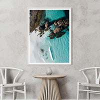 White framed beach photography print of Little Hellfire Bay's turquoise water, framed by granite boulders, Western Australia coastal wall art