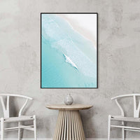 Black floating frame canvas featuring the aerial coastline of Open Coast, Scandinavian coastal wall art with a bold edge