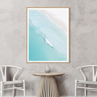 Oak framed aerial coastline print, warm tones for Australian coastal wall art