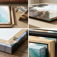 Close-up of print quality and framing detail — canvas, acrylic and framed corner samples for Open Coast wall art