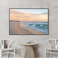 Black floating frame canvas, bold landscape wall art of a rainbow over Reef Beach