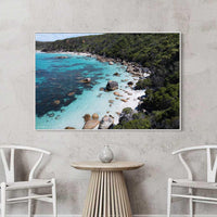 Extra large wall art canvas with a white floating frame, aerial photography of Australian rock pools