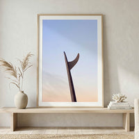 Single fin mal surfboard sunrise photography - oak framed print - minimalist surf wall art - neutral coastal living room - contemporary surf culture print - buy surf art online - Josh Whiting Photos