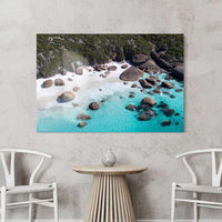 High gloss acrylic print of a WA beach photograph, making the turquoise water and white sand look almost three dimensional