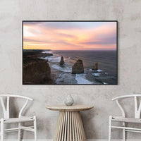 Black floating frame canvas print, high contrast view of the Twelve Apostles limestone stacks