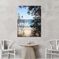 Acrylic beach photography print, glossy coastal wall art of a turquoise wave and banksia trees at Ulladulla, NSW