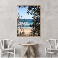 Oak floating frame canvas print, South Coast NSW wall art featuring a turquoise wave through native banksia trees