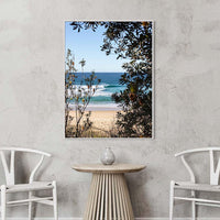 Extra large wall art canvas with a white floating frame, coastal photography of a turquoise wave and banksia trees at Ulladulla