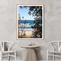Oak framed coastal wall art print, turquoise wave and banksia tree photography from Ulladulla, NSW South Coast