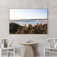 Oak floating frame canvas featuring the wave at Wharton Beach, a piece of beach house wall art