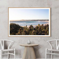 Oak framed Wharton Beach print, warm tones for Australian coastal wall art
