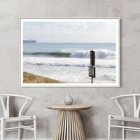 White framed print of this Wurtulla Beach wave, simple surf wall art for a light and airy coastal room