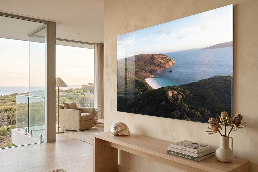 Little Hellfire Bay Cape Le Grand print in coastal living room - Esperance WA landscape photography - large format acrylic wall art - interior designer wall art - beach house decor - Australian coastal photography - Josh Whiting Photos