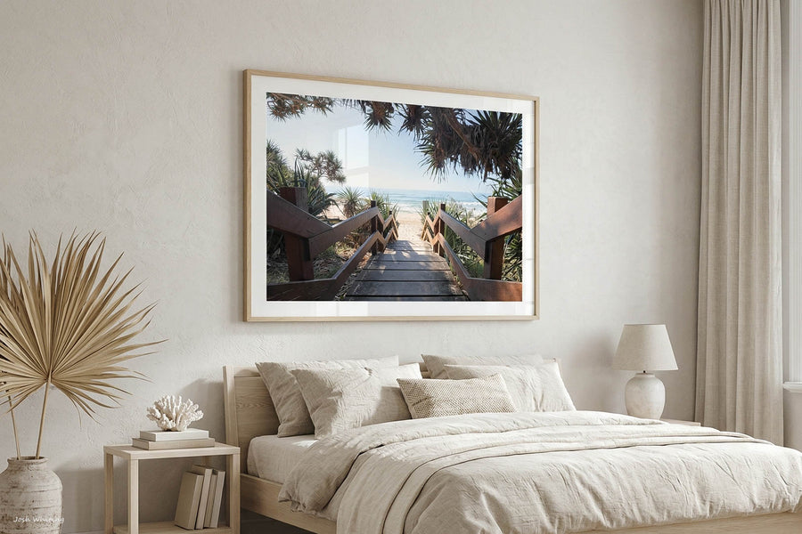 Beach entrance staircase Sunshine Coast photography - oak framed print - coastal bedroom wall art - beach house decor - pandanus tree beach access print - buy coastal wall art online - Josh Whiting Photos