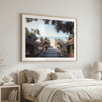 Beach entrance staircase Sunshine Coast photography - oak framed print - coastal bedroom wall art - beach house decor - pandanus tree beach access print - buy coastal wall art online - Josh Whiting Photos