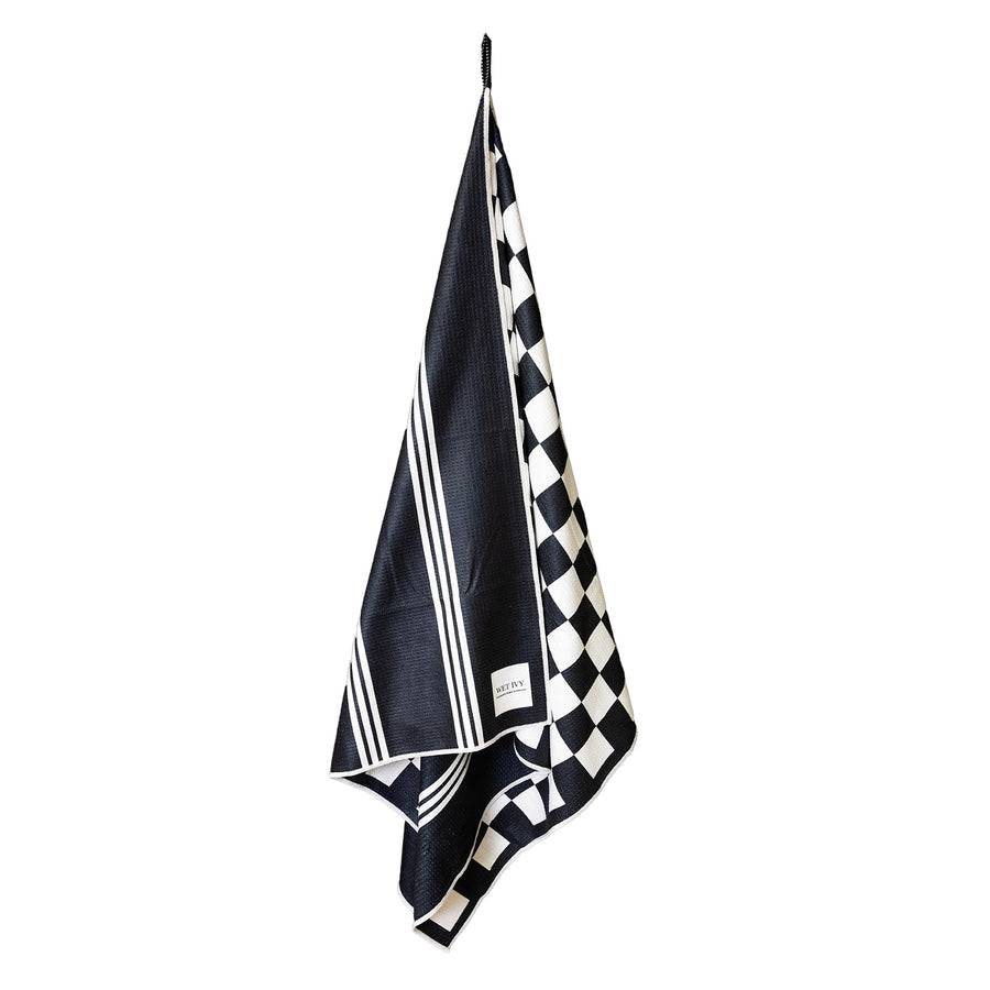 Sand Free Beach Towels - black and white towel - black and white checkered beach towel - towel with hanging hook - compact travel towel - fast drying travel towel - quick dry beach towel - sandless beach towel - sand free swimming towel