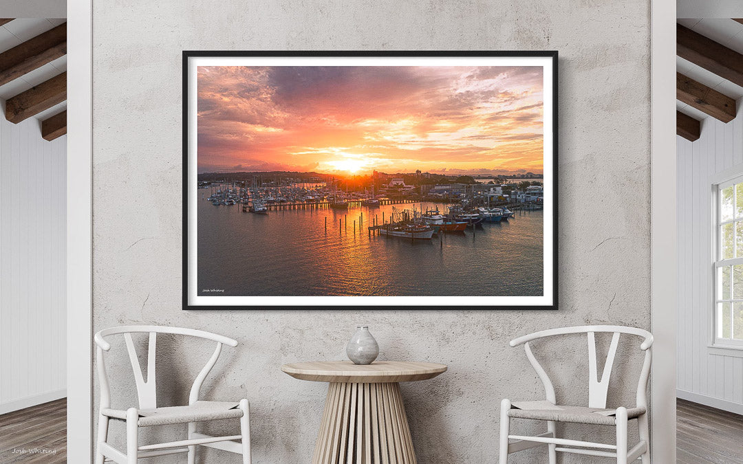 Mooloolaba Beach sunset print - Boat sunset wall art - Sunshine Coast Wall Art - Ready to hang Framed print - Mooloolaba Beach Framed Print black  - Nautical Wall Art