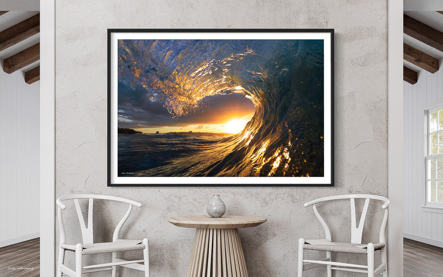 Ocean Sunset Canvas Painting - Black Framed Artwork - Sunset Print with black frame - Sunset Wave Art with black frame - Coastal Interior Design - Sunset Water Wall Art - Sunshine Coast Image - Point Cartwright 