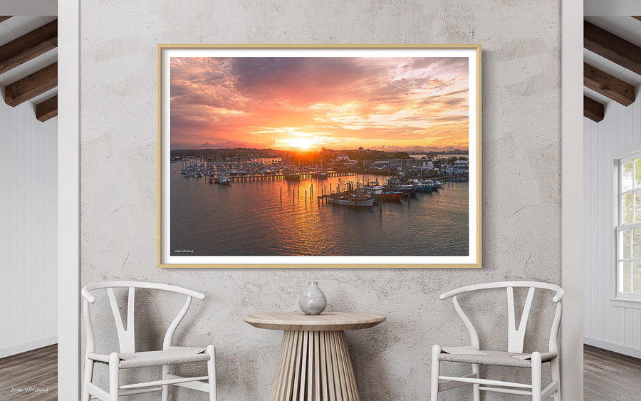 Mooloolaba Beach sunset print - Boat sunset wall art - Sunshine Coast Wall Art - Ready to hang Framed print - Mooloolaba Beach Framed Print oak  - Nautical Wall Art