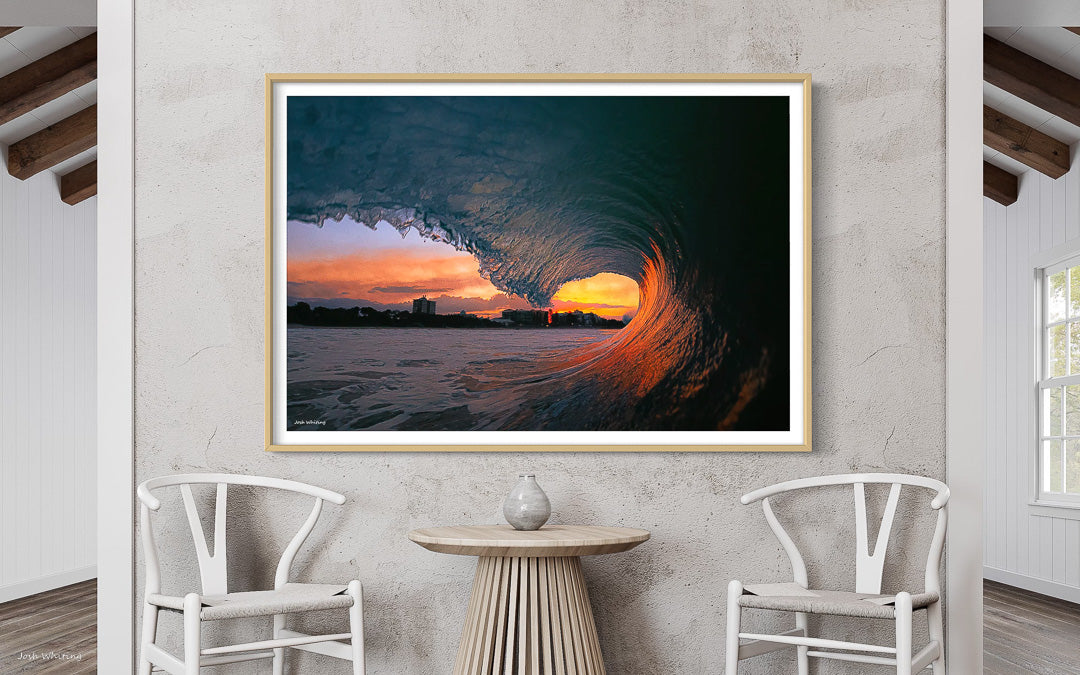 Oak Framed Ocean Print - Sunset surf art - Ocean Artwork - Surfing Prints - Mooloolaba Beach Wall Art - Mooloolaba Beach Picture - Australian framed prints - custom framed prints