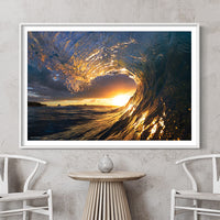 White Framed Abstract Art - Sunset Barrel picture - Golden Surf Wall Art - Golden Hour - Surfer Vision Wall Art - Golden Sunset Wave - Sunset wave art