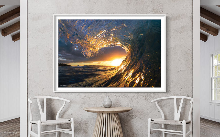 White Framed Abstract Art - Sunset Barrel picture - Golden Surf Wall Art - Golden Hour - Surfer Vision Wall Art - Golden Sunset Wave - Sunset wave art